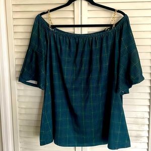 Green Tartan Plaid Off Shoulder Top w/ Bell Sleeves & Gold Chains, Size XXL